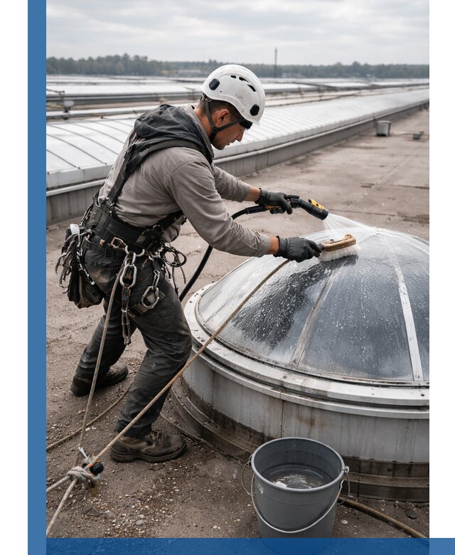 Мойка зенитных фонарей на кровле для промышленных объектов в Евпатории