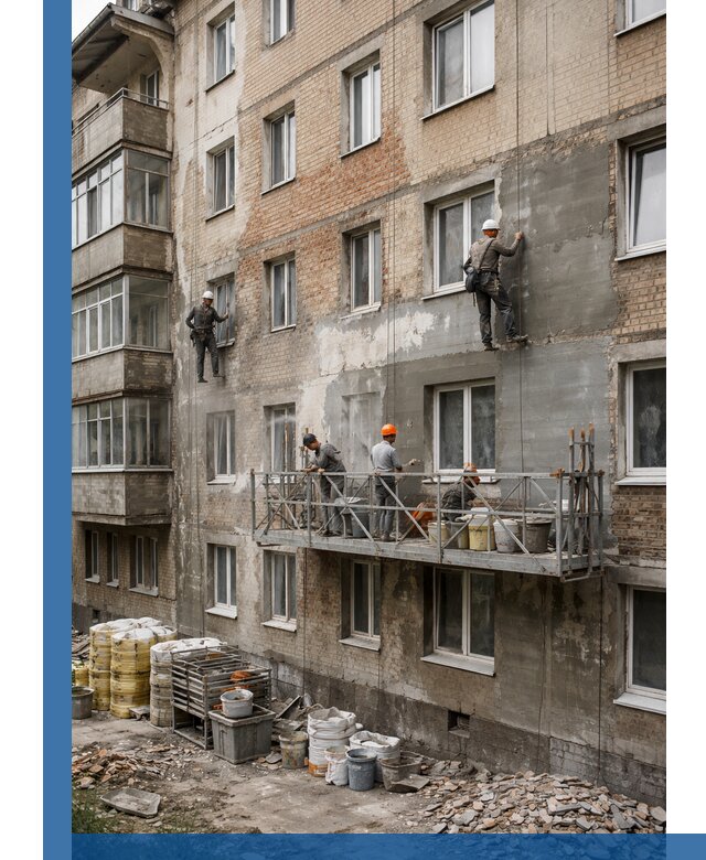 Капитальный ремонт фасада в Евпатории с восстановлением и гидроизоляцией