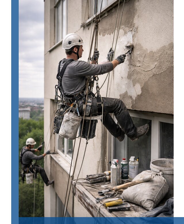 Косметический ремонт фасада зданий в Евпатории промышленными альпинистами