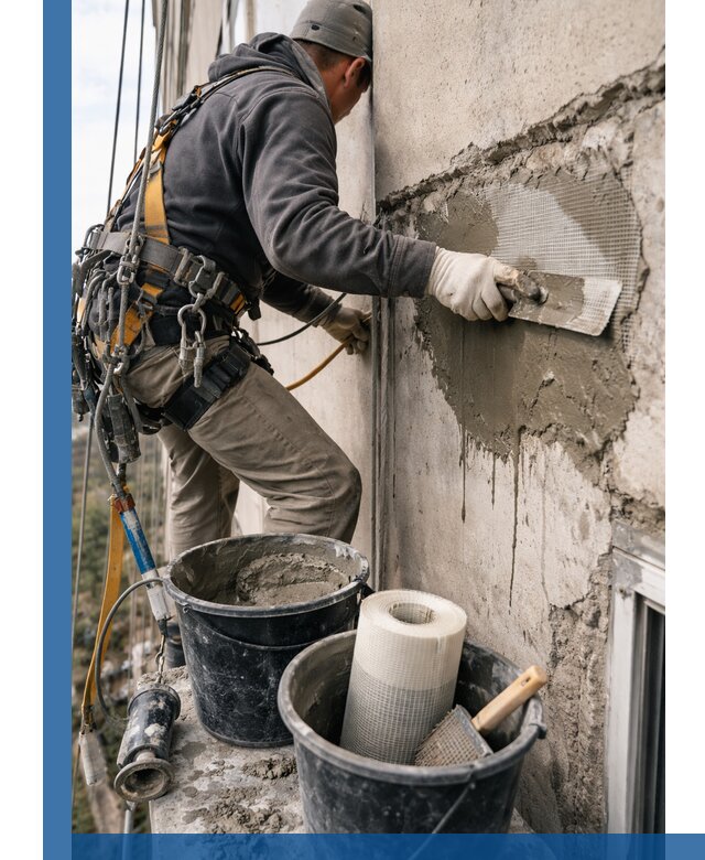 Ремонт бетонных элементов фасада промышленными альпинистами в Евпатории