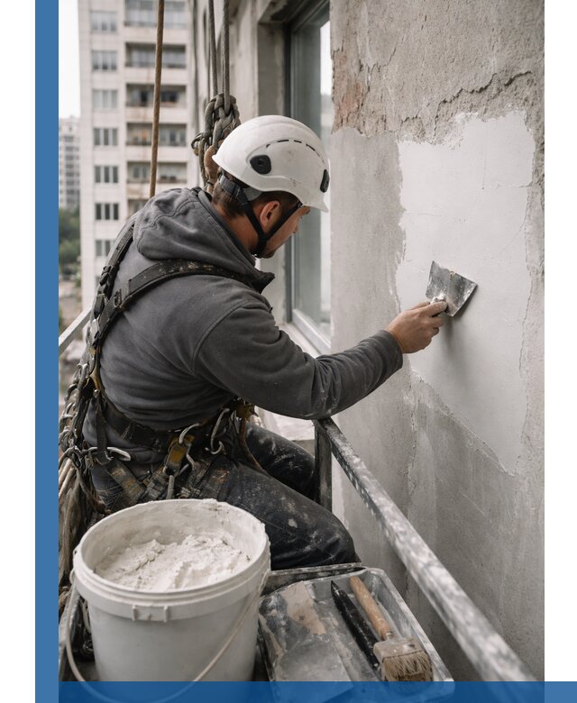 Шпаклевка фасадов на высоте с промальпинистами в Евпатории