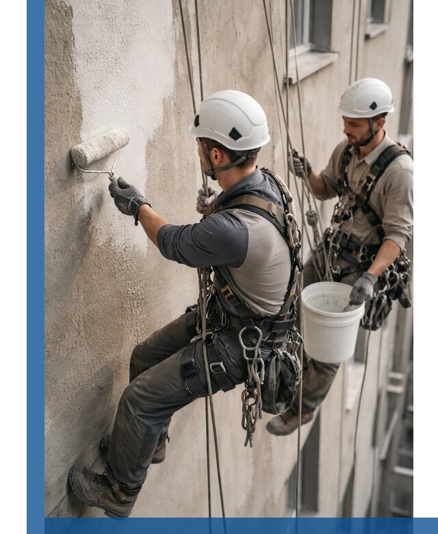 Грунтовка фасада на высоте в Евпатории промышленными альпинистами