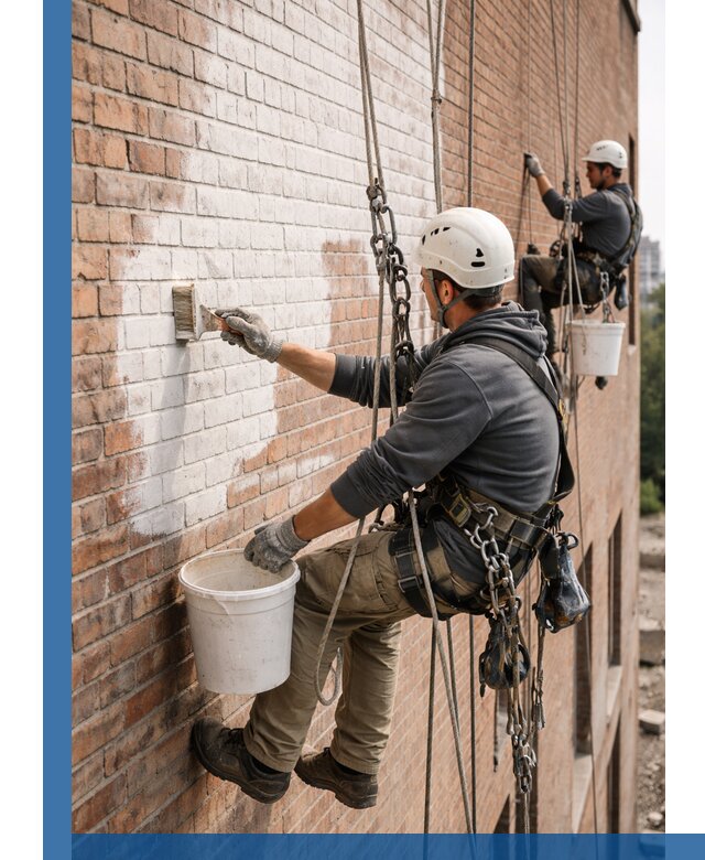 Покраска кирпичного фасада с доступным альпинистским сервисом в Евпатории