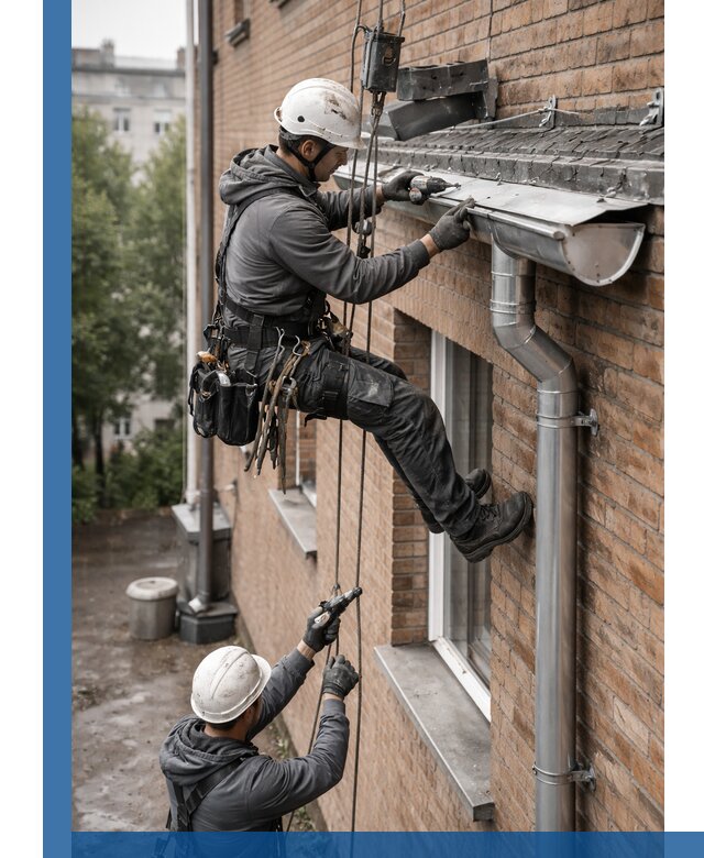 Монтаж водосточной системы на здании в Евпатории под ключ