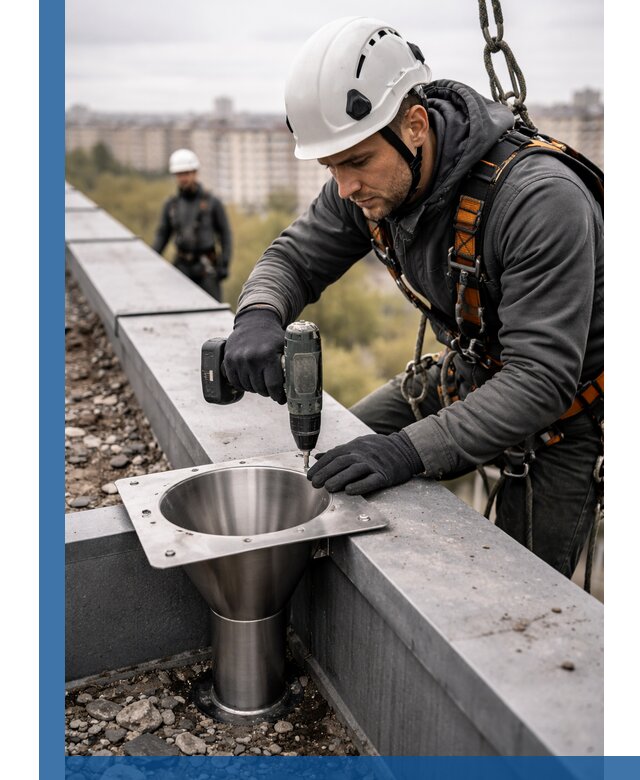 Монтаж водосточных воронок в Евпатории для промышленных зданий