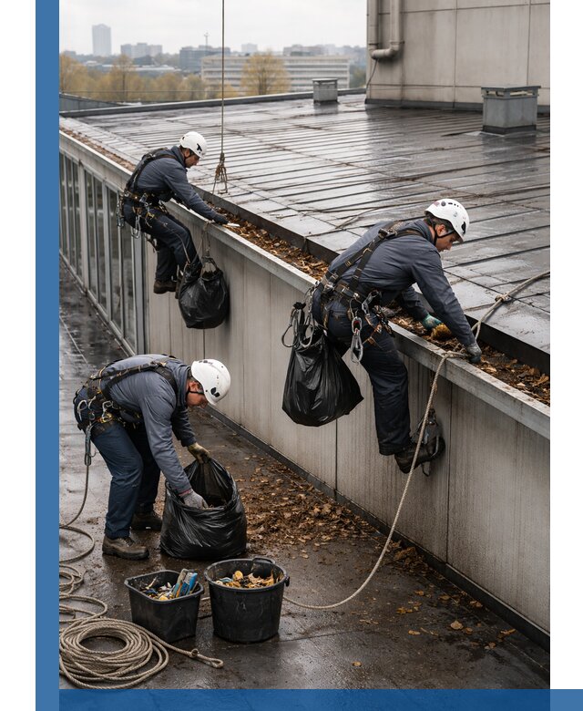 Очистка кровли по периметру в Евпатории силами промышленных альпинистов