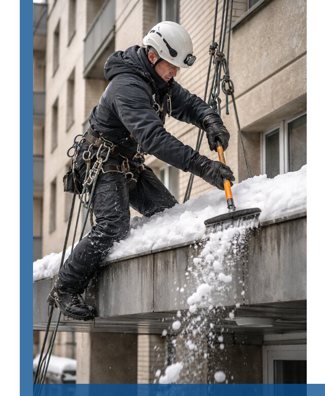 Очистка козырьков от снега в Евпатории круглогодично безопасно