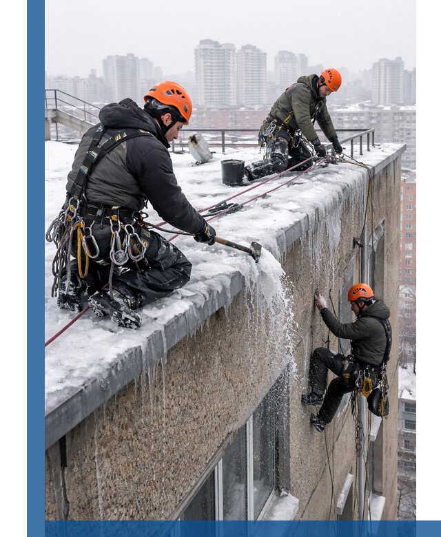 Удаление наледи с кровли в Евпатории промышленными альпинистами