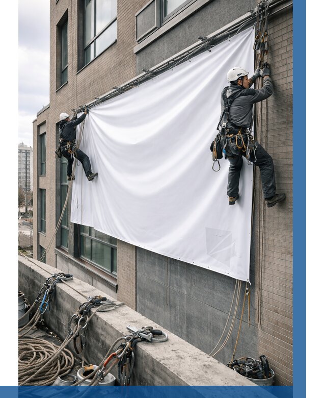 Монтаж баннеров на фасаде в Евпатории от 685 р. заказать ВЫСОТНИК-Евп