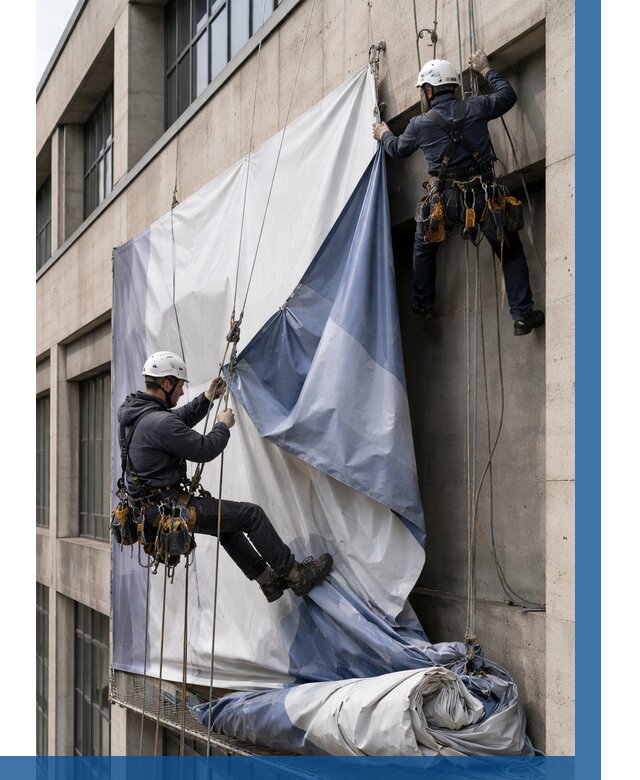 Демонтаж баннеров с фасада в Евпатории от 4740 р. | ВЫСОТНИК-Евп