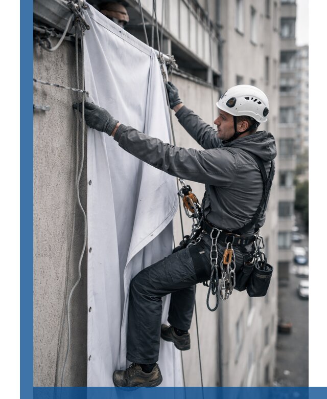 Замена баннерного полотна промышленными альпинистами в Евпатории