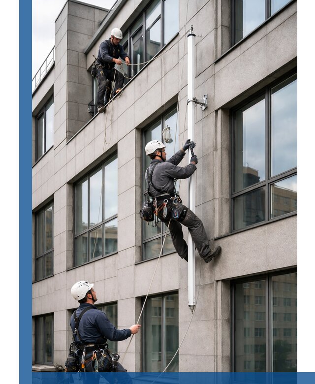 Монтаж флагштока на фасаде здания с креплением и герметикой в Евпатории