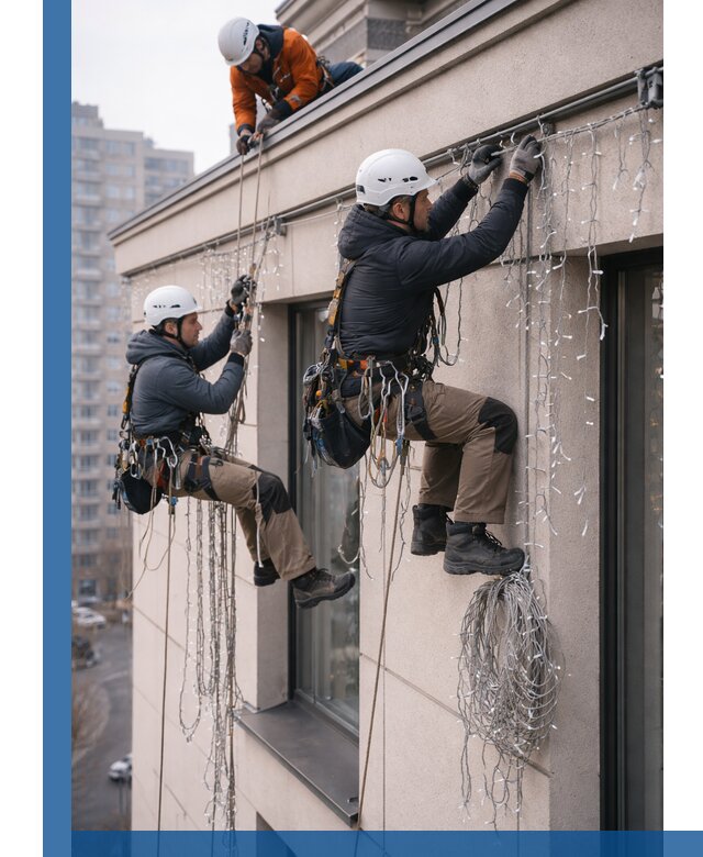 Монтаж праздничных гирлянд на фасаде в Евпатории для зданий