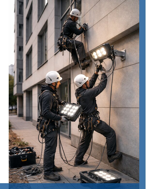 Монтаж прожекторов на фасаде в Евпатории от 7900 р. | ВЫСОТНИК-Евп