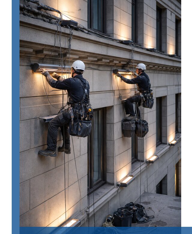 Монтаж архитектурной подсветки фасадов зданий в Евпатории