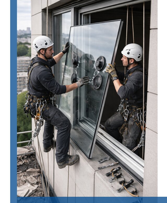 Замена стеклопакетов на высоте с промышленными альпинистами в Евпатории