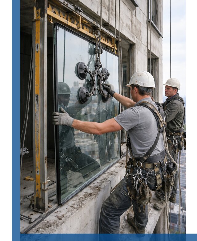 Монтаж стеклопакетов на высоте в Евпатории с промышленным альпинизмом