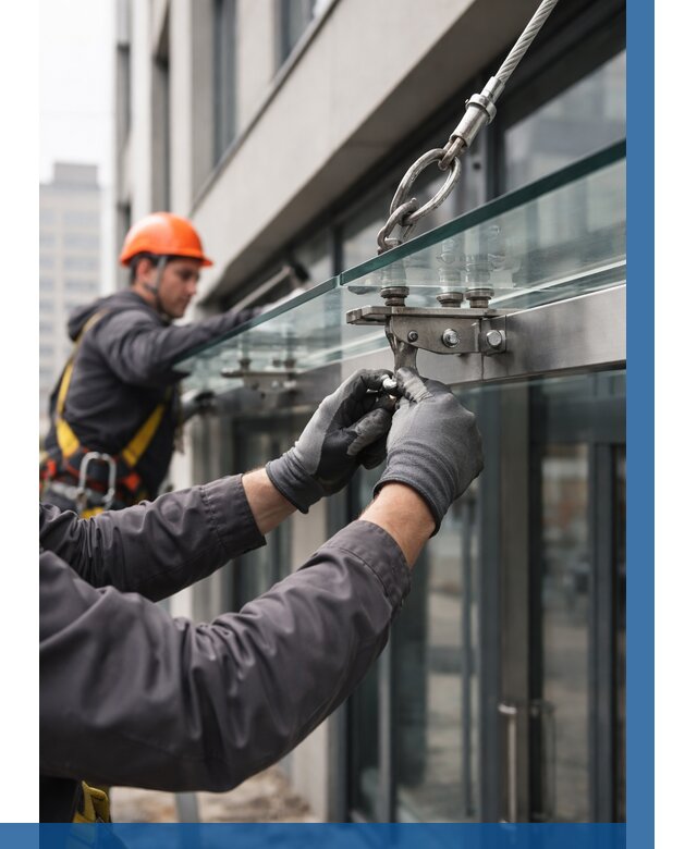 Монтаж стеклянных козырьков в Евпатории от 8953 р. | ВЫСОТНИК-Евп