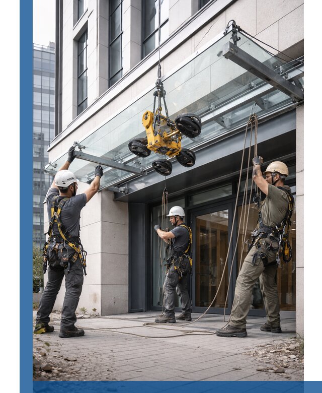 Монтаж стеклянных козырьков под ключ в Евпатории для зданий