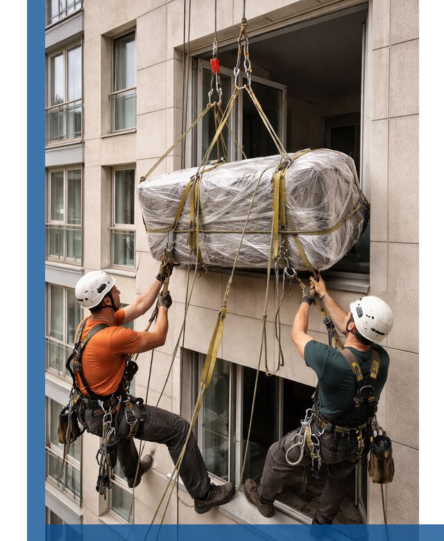 Подъем грузов через окно в Евпатории промышленными альпинистами