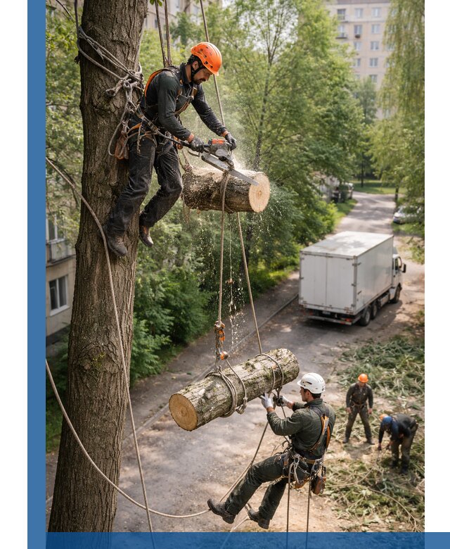 Спил деревьев альпинистами в Евпатории, безопасно и без повреждений
