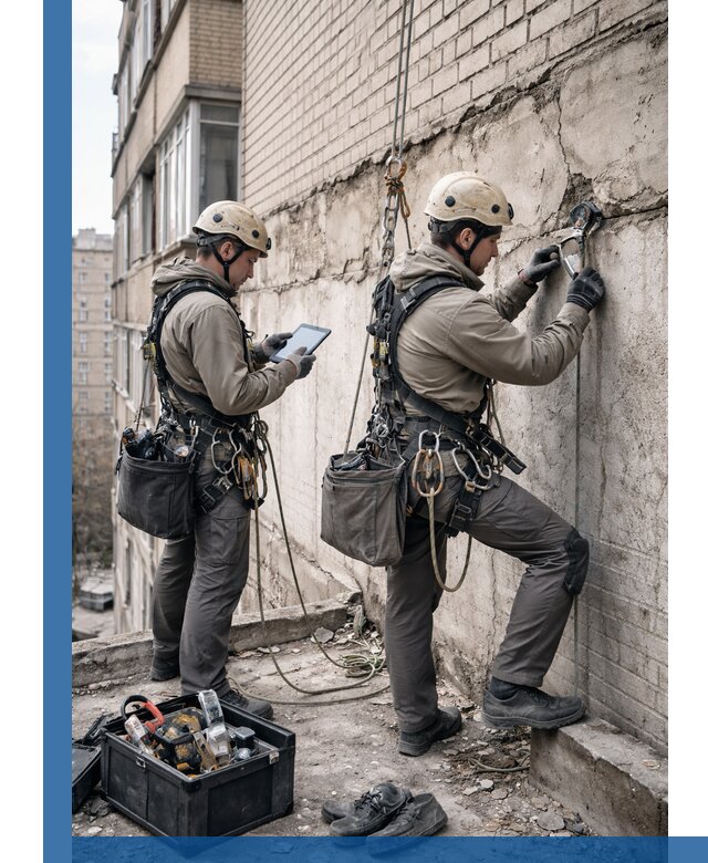 Обследование фасада промышленными альпинистами в Евпатории